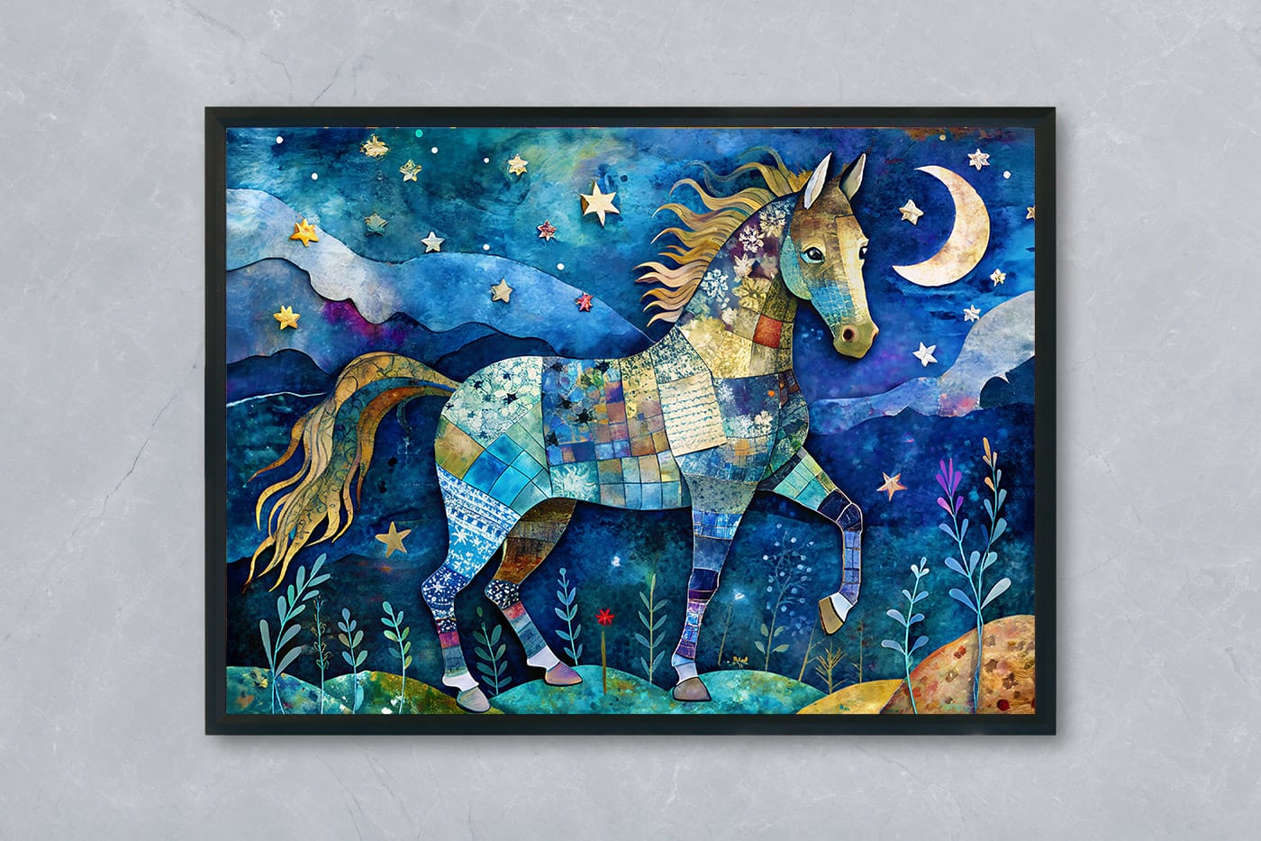 Moonlit Horse – Free Patchwork Collage Style Digital Art Print