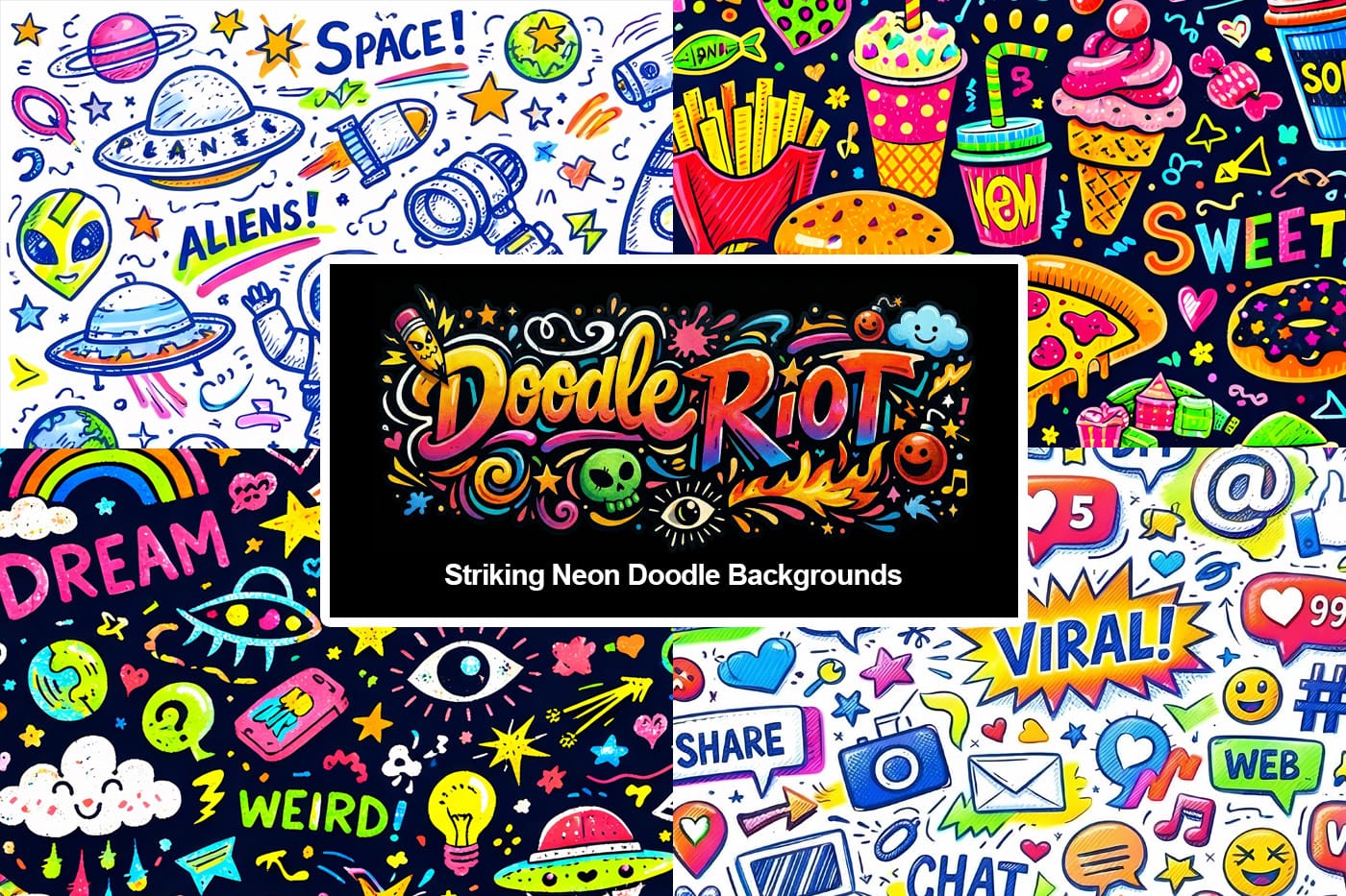 Doodle Riot: Striking Neon Doodle Backgrounds