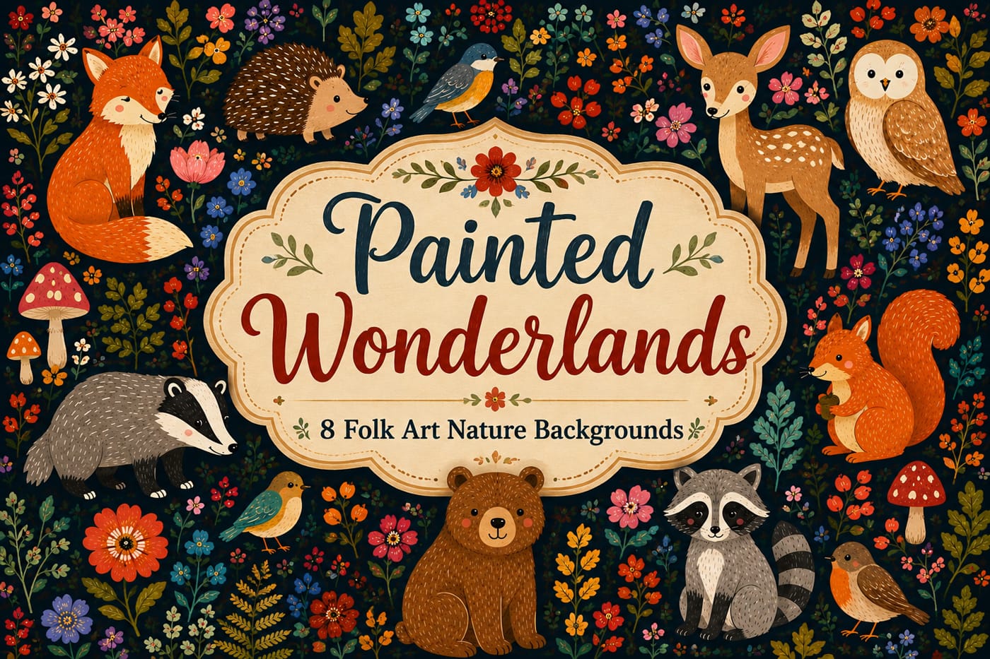 Painted Wonderlands: Folk Art Nature Backgrounds